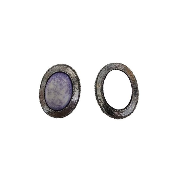 Vintage Clip-on Earrings Silver Tone Purple & White Crackle Oval Stone 1980s - Picture 1 of 3